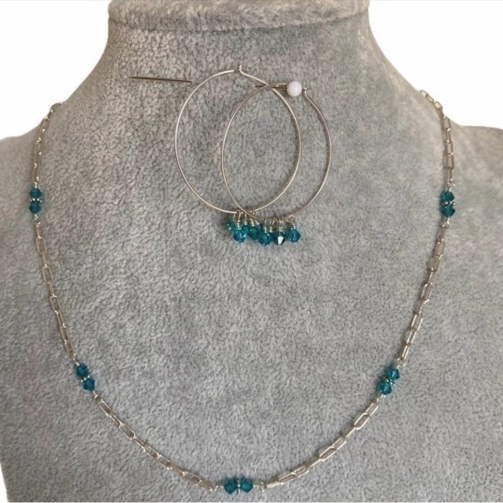 925 Sterling Silver Metal Chain Turquoise Crystal Beaded Chain Necklace Set NEW